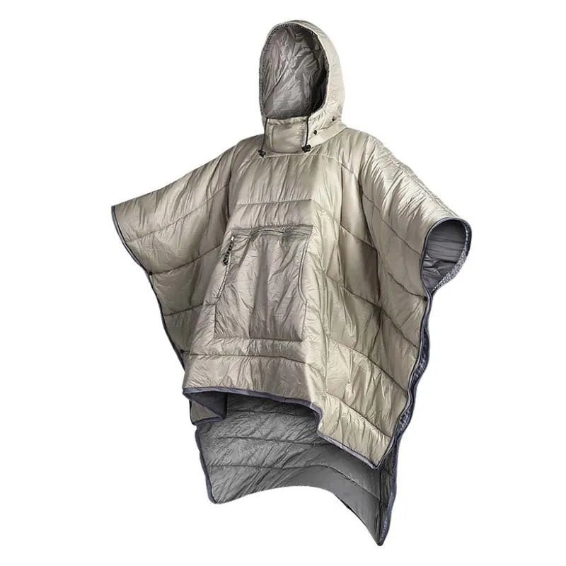Grey adult wearable outdoor cloak sleeping bag laid flat showing 200cm length
