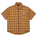 Yellow check plaid shirt with embroidered pocket detail on chest, short sleeves, loose fit casual style