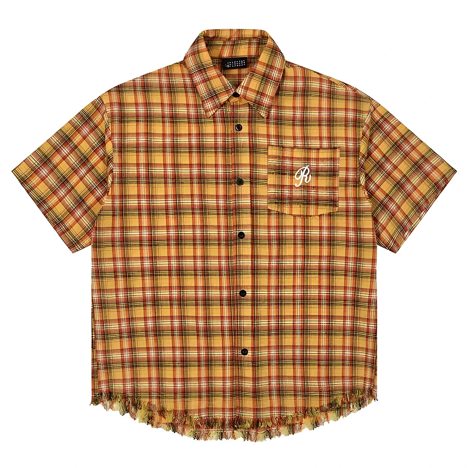Yellow check plaid shirt with embroidered pocket detail on chest, short sleeves, loose fit casual style