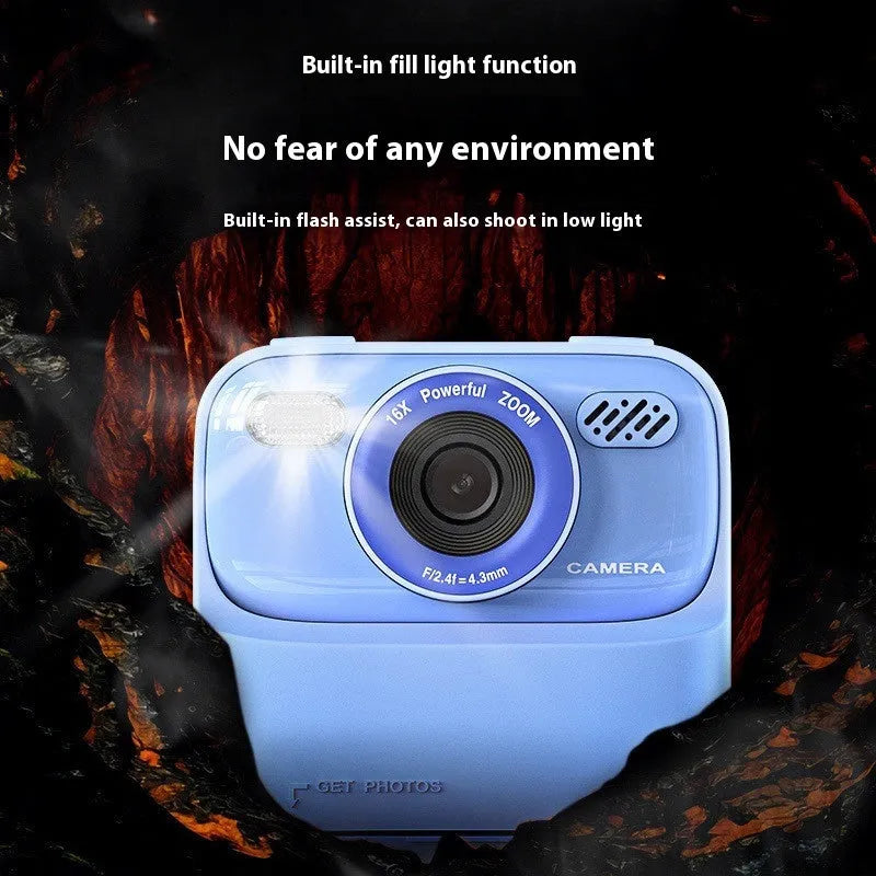 Plastic instant print digital camera with three rolls of printing paper, available in blue, grey, pink, or purple