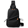 A black polyester single shoulder crossbody bag for men, shown with a model wearing it.