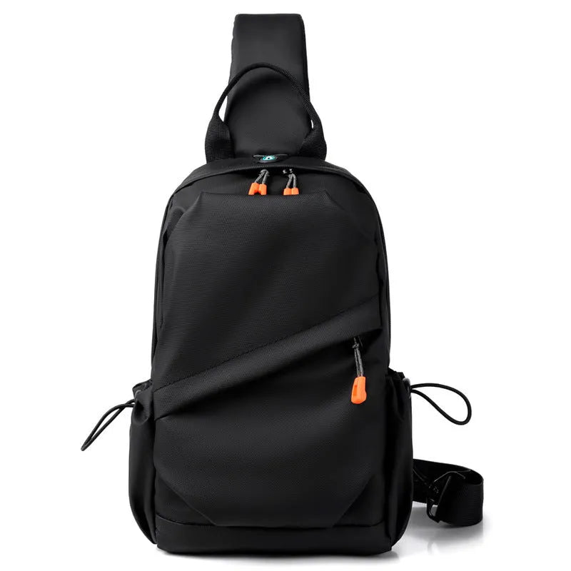 A black polyester single shoulder crossbody bag for men, shown with a model wearing it.