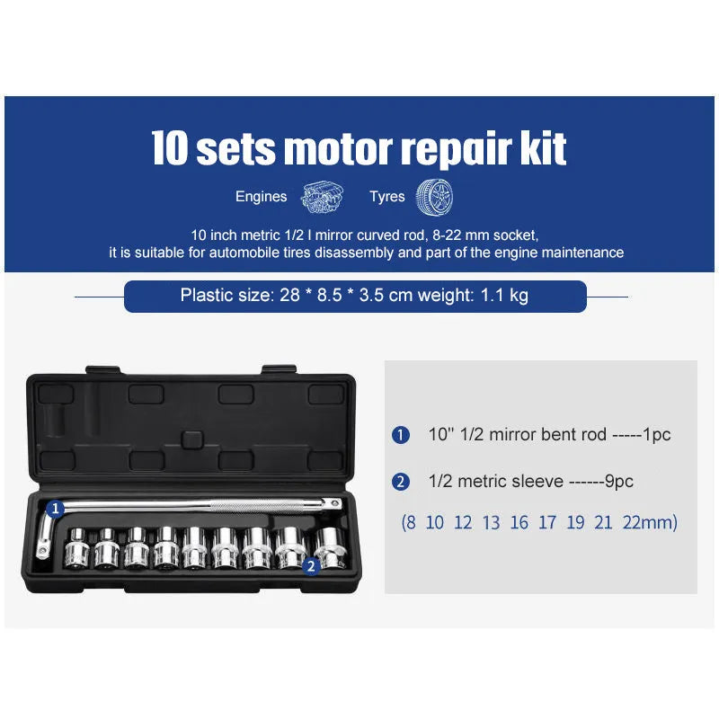 Cr-V chromium vanadium steel socket ratchet wrench set in a case for auto and home repair.