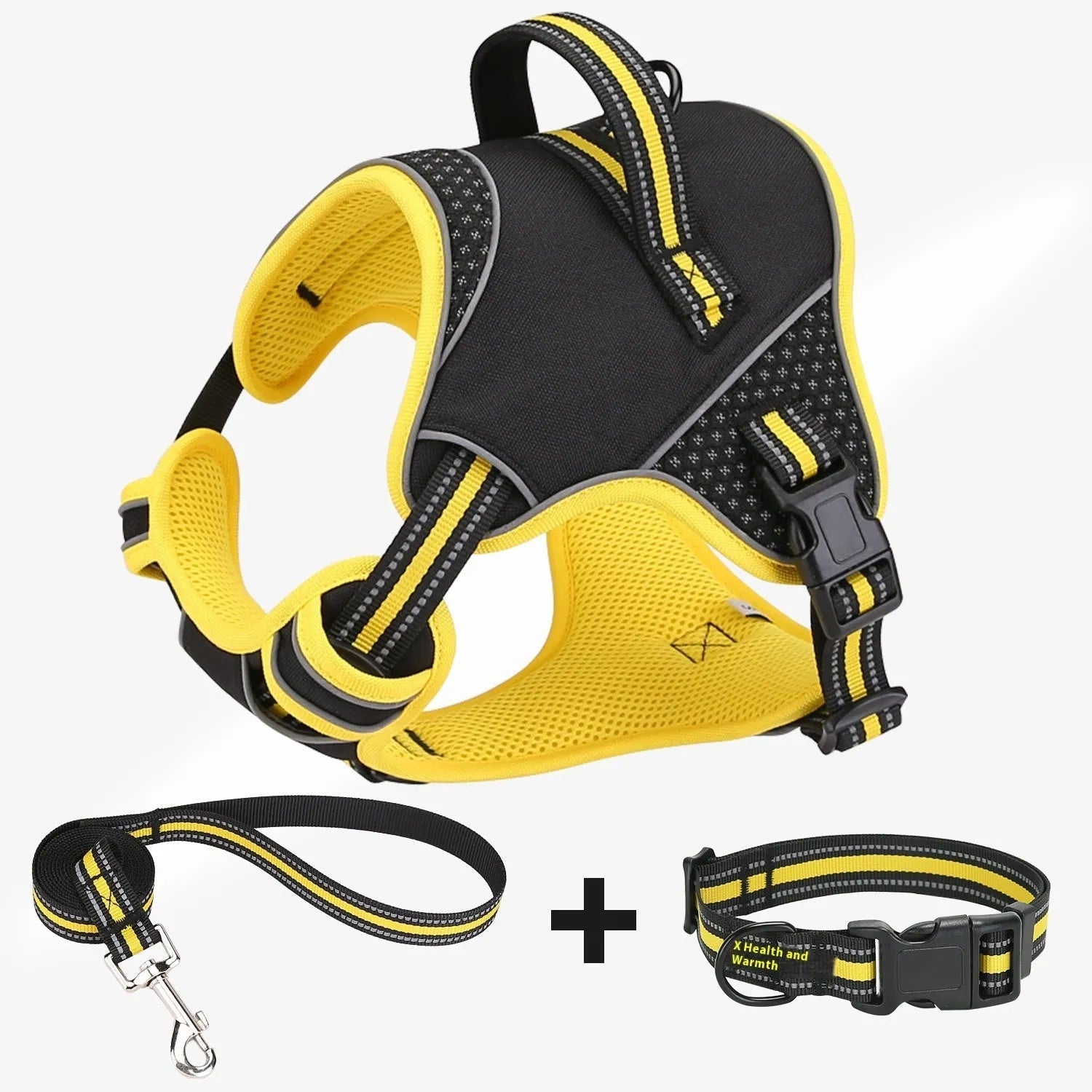 Yellow and orange polyester dog harness and lead set shown in three sizes: small, medium, and large.