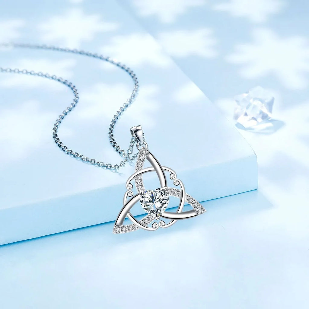 Geometric Celtic knot women's necklace in electroplated copper, shown in one of four colour options.