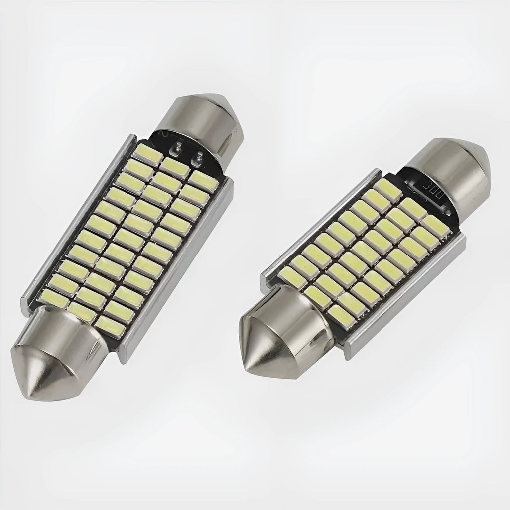 White aluminium double tip car interior roof light shown in four available size options.