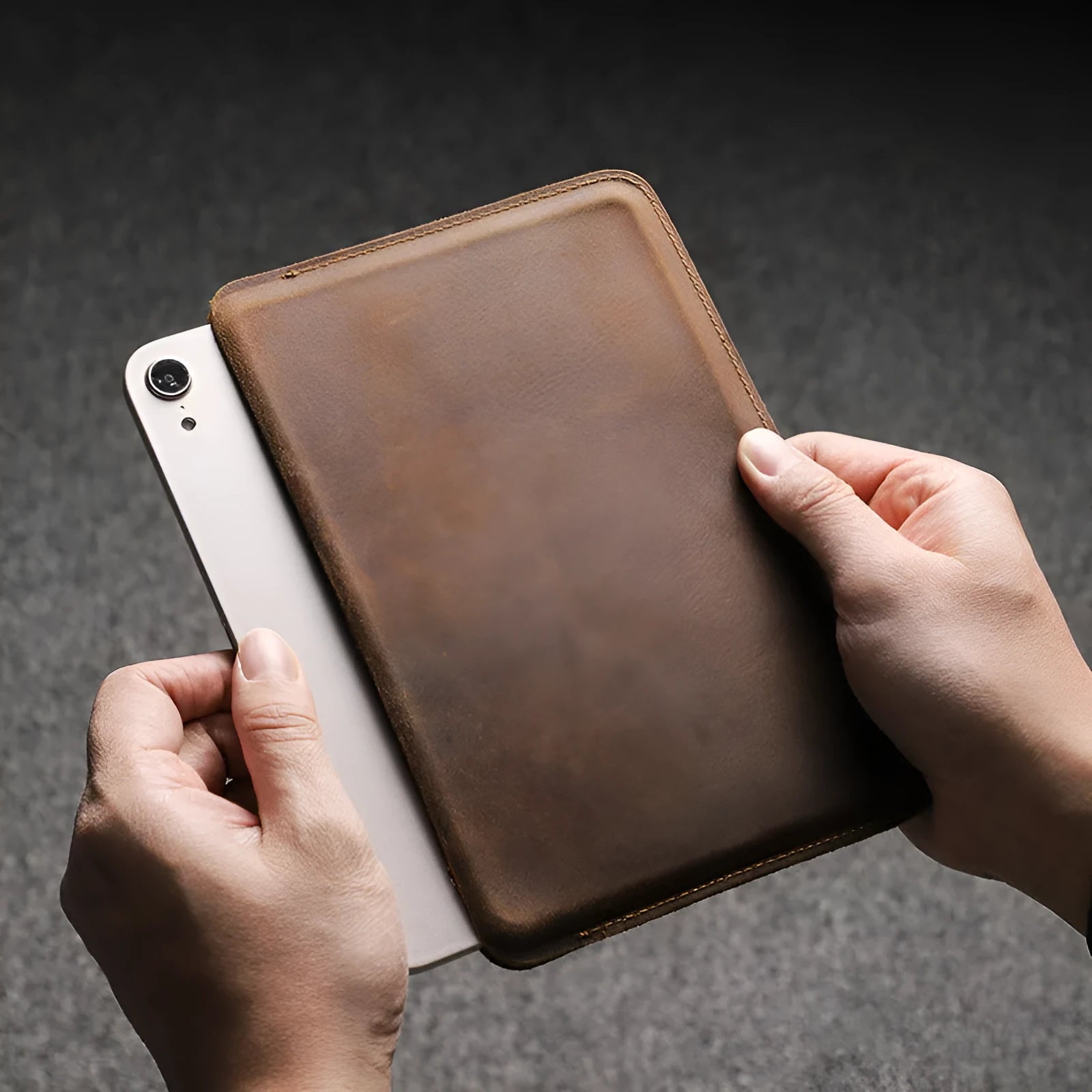 Brown genuine leather iPad protective case in horizontal orientation handmade anti-fall cover