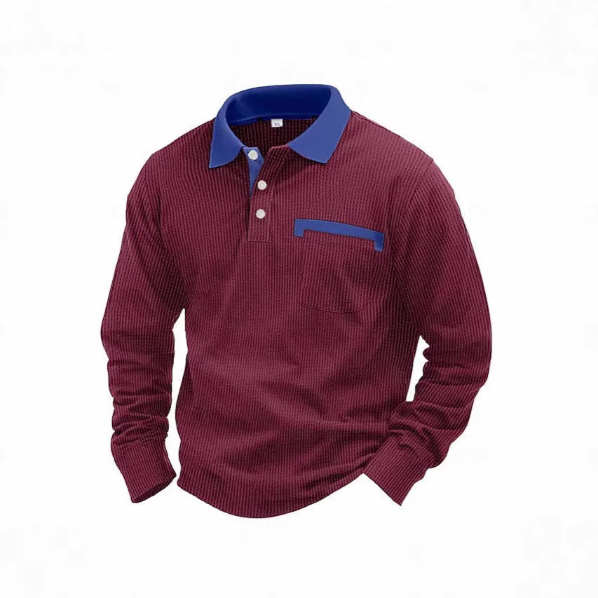 Men's loose-fit waffle knit polo shirt in polyester showing American retro styling and asymmetric details