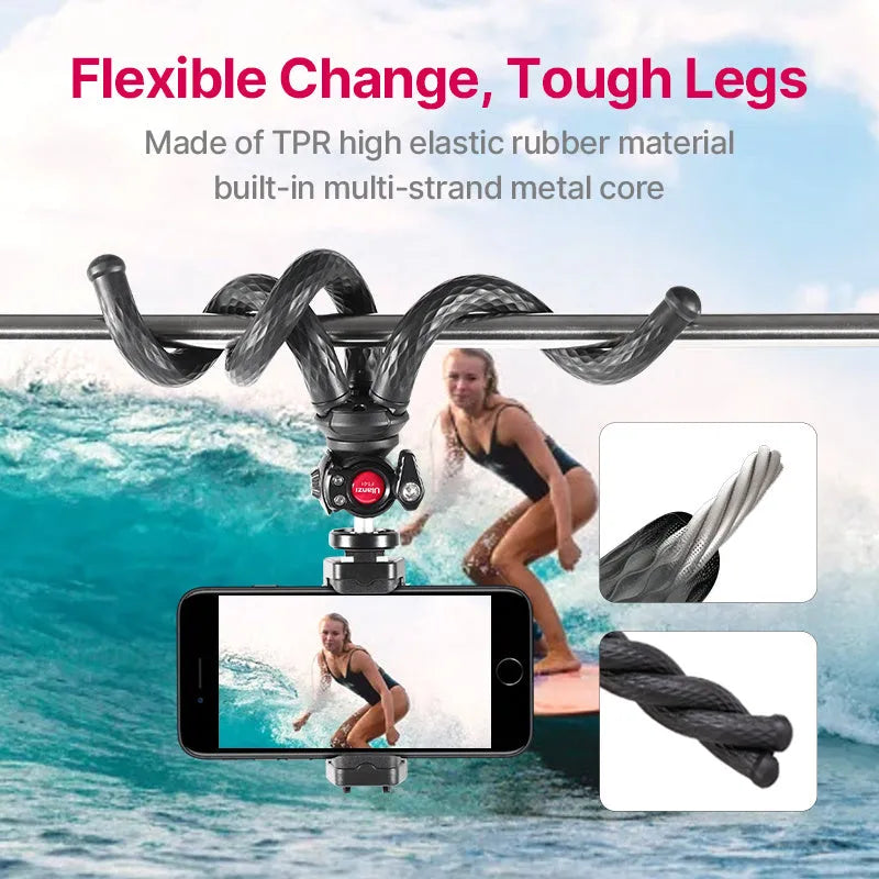 Black octopus leg mobile phone tripod gimbal set with phone clip attached, FT-01 model.