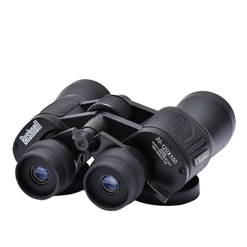 Black outdoor binoculars with large 100mm objective lenses and continuous zoom control.