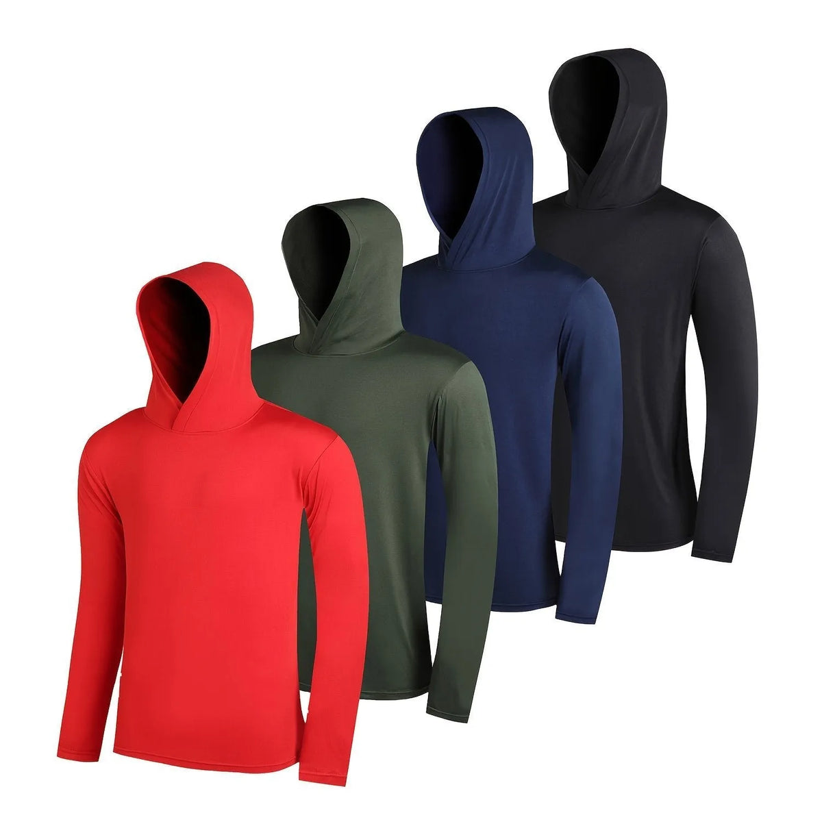 Four men's lightweight hoodies in elastic polyester fibre showing five colour options and size range S to XXXL