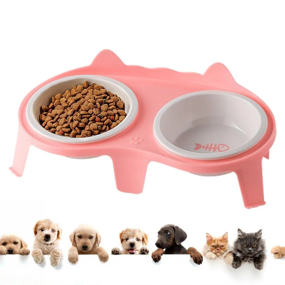Blue ceramic cat food and water bowl set on a white elevated stand with a storage hook.