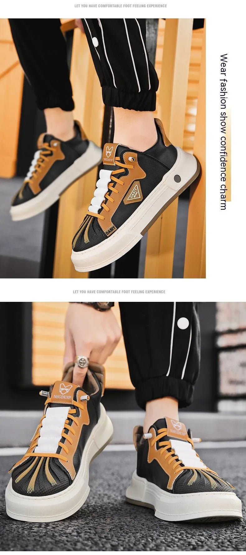 Men's beige low-top sneakers with elastic band fastening and round toe