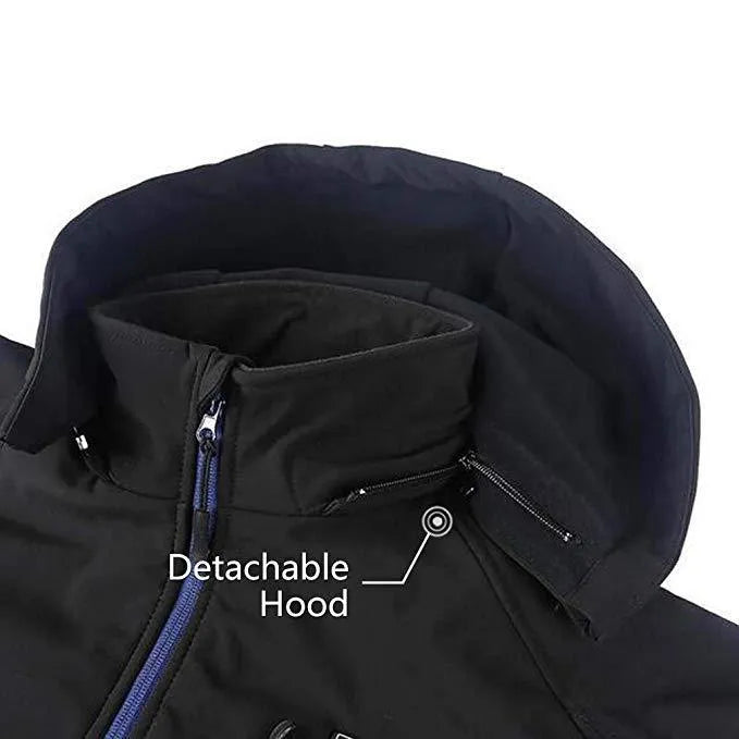 Black USB-powered waterproof winter coat for men with zipper pockets, shown in size L.