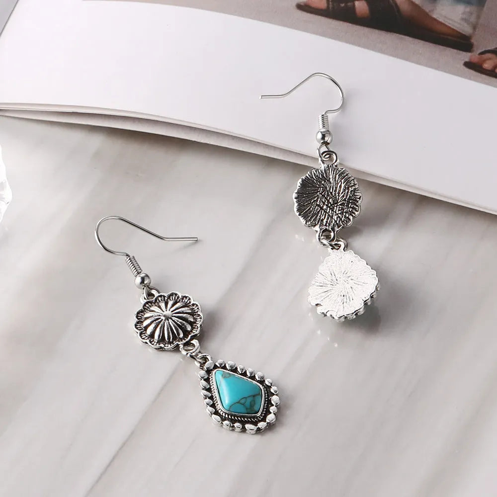 Bohemian Vintage Carved Turquoise Long Earrings with green carved stone drop design