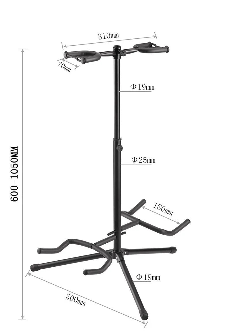 Black iron vertical double-headed folding guitar stand holding two guitars.