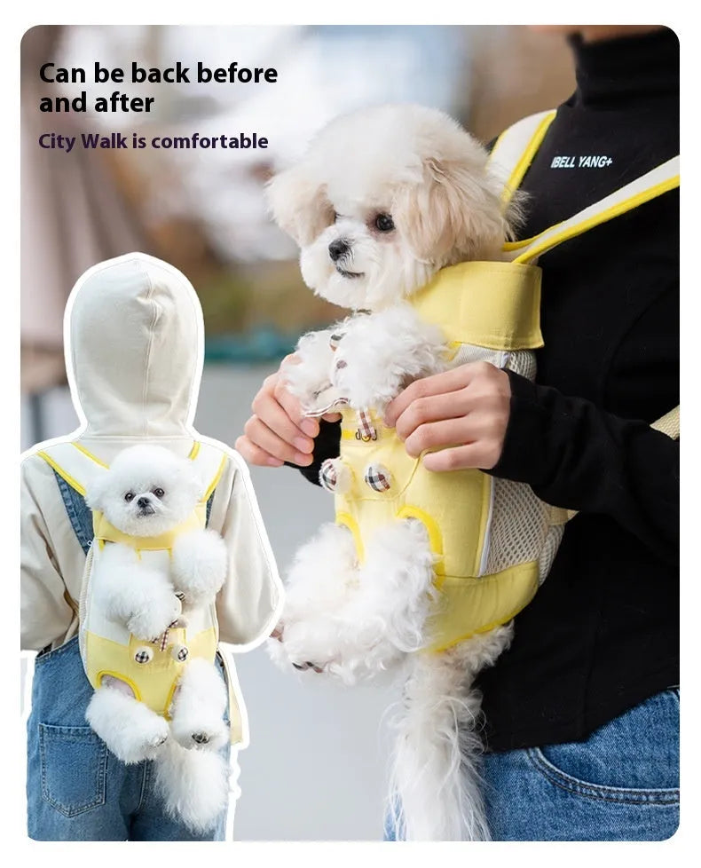 Cartoon animal print pet chest bag in soft canvas with colourful stitching, shown in Beka yellow bear design.