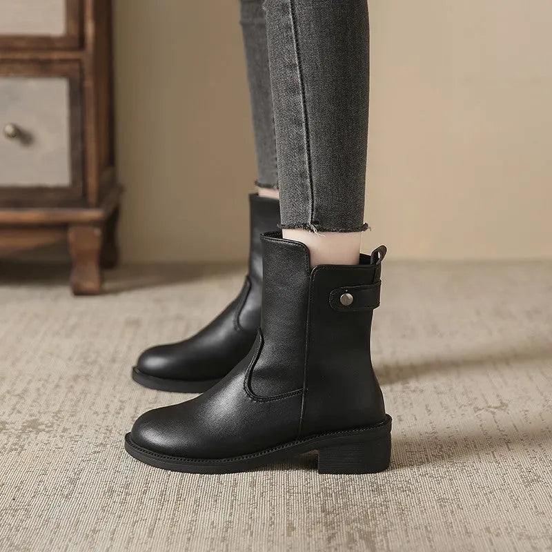 Black women's low heel short boots with round toe and side zipper made of artificial PU