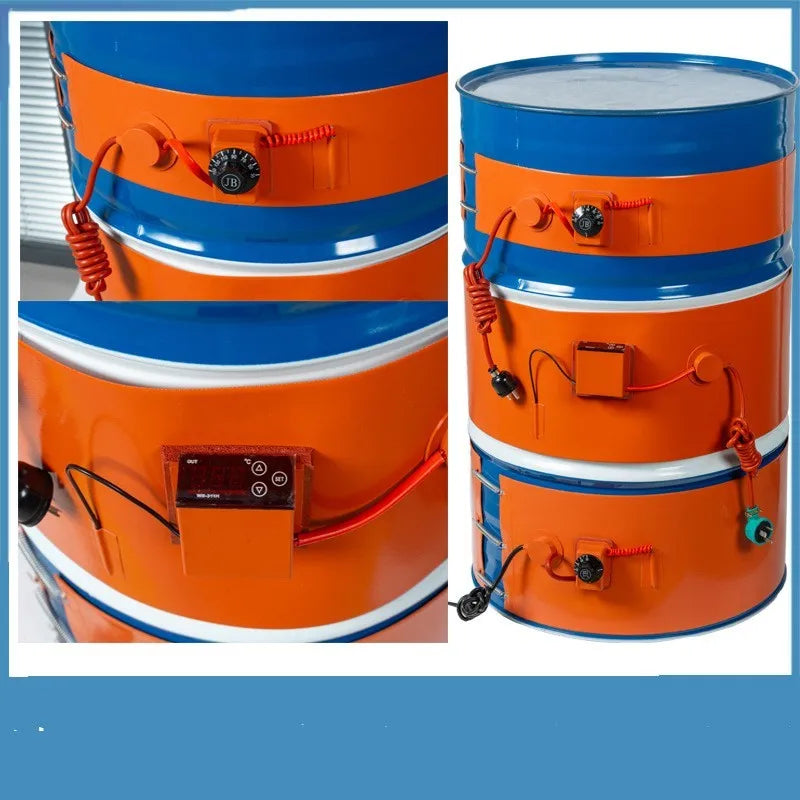 Silicone rubber heating belt wrapped around 200-litre oil drum with electrical controls