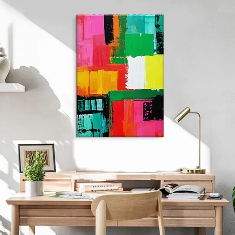 Hand painted abstract oil painting on canvas, colourful vertical wall art, no frame