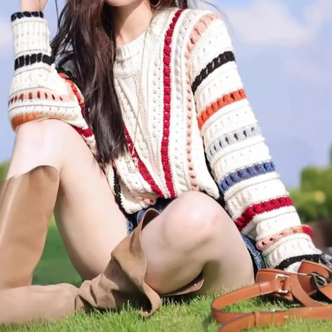 Rainbow striped hollow knit pullover sweater with batwing sleeves in loose fit casual style