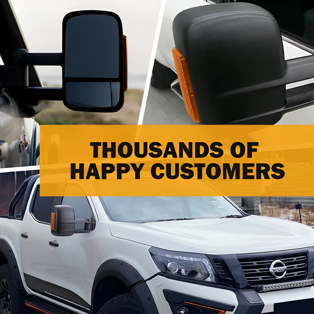Black electric exterior rear view mirror for Nissan NP300 D23 2015+ with large vision glass and light.