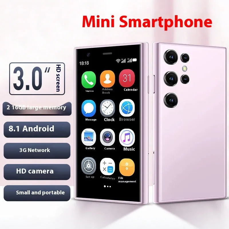 S23PRO XS15 mini smartphone in black, green and pink purple colours with straight plate design