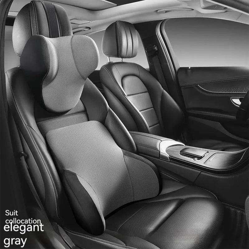 Memory foam car headrest pillow and matching lumbar support pillow with knitted fabric.