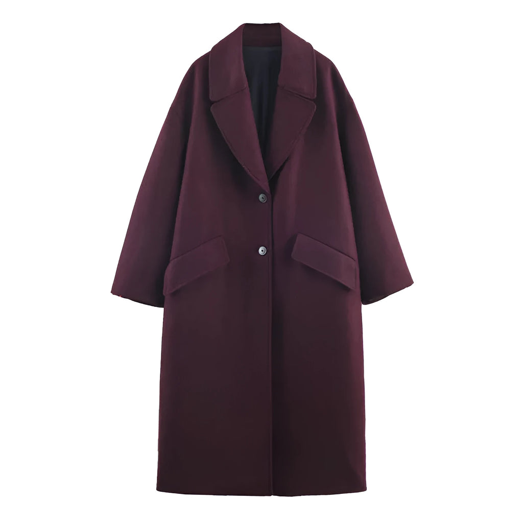 Women's loose fit wine red spandex long overcoat for commute