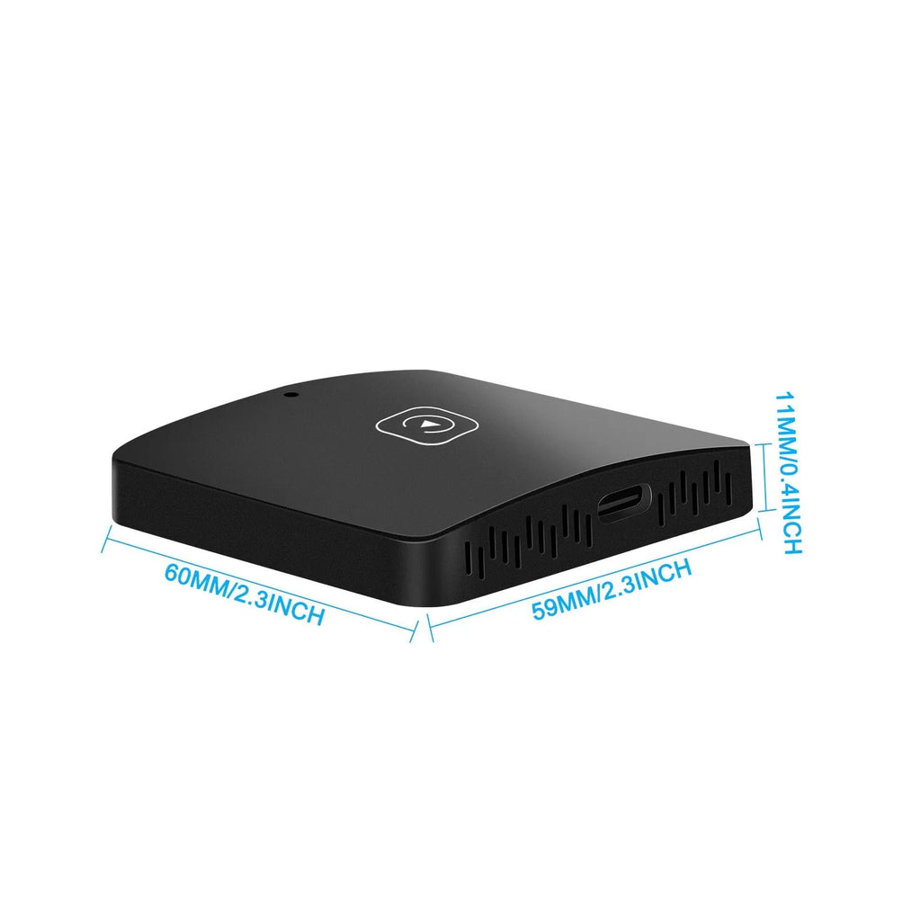 Universal wireless CarPlay adapter module in black with cables and accessories