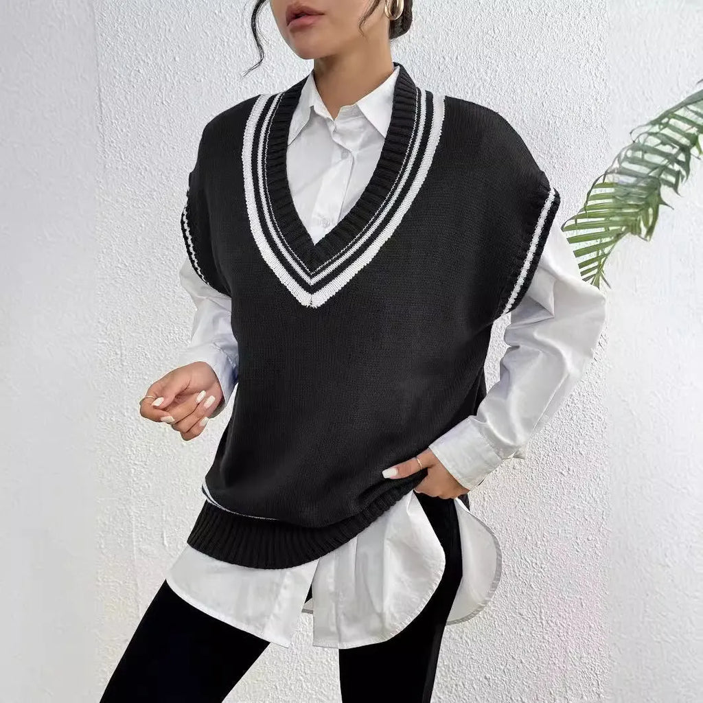 Women's blue college style acrylic polyester vest sweater with loose fit design
