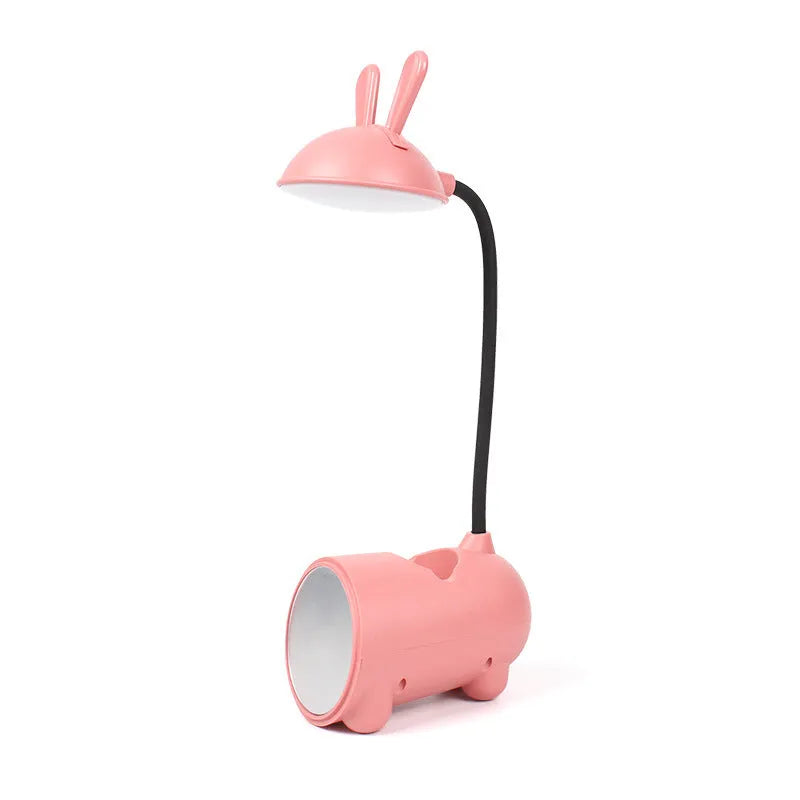 Cartoon-style USB-powered table lamp with pen container in green, blue, or pink colour