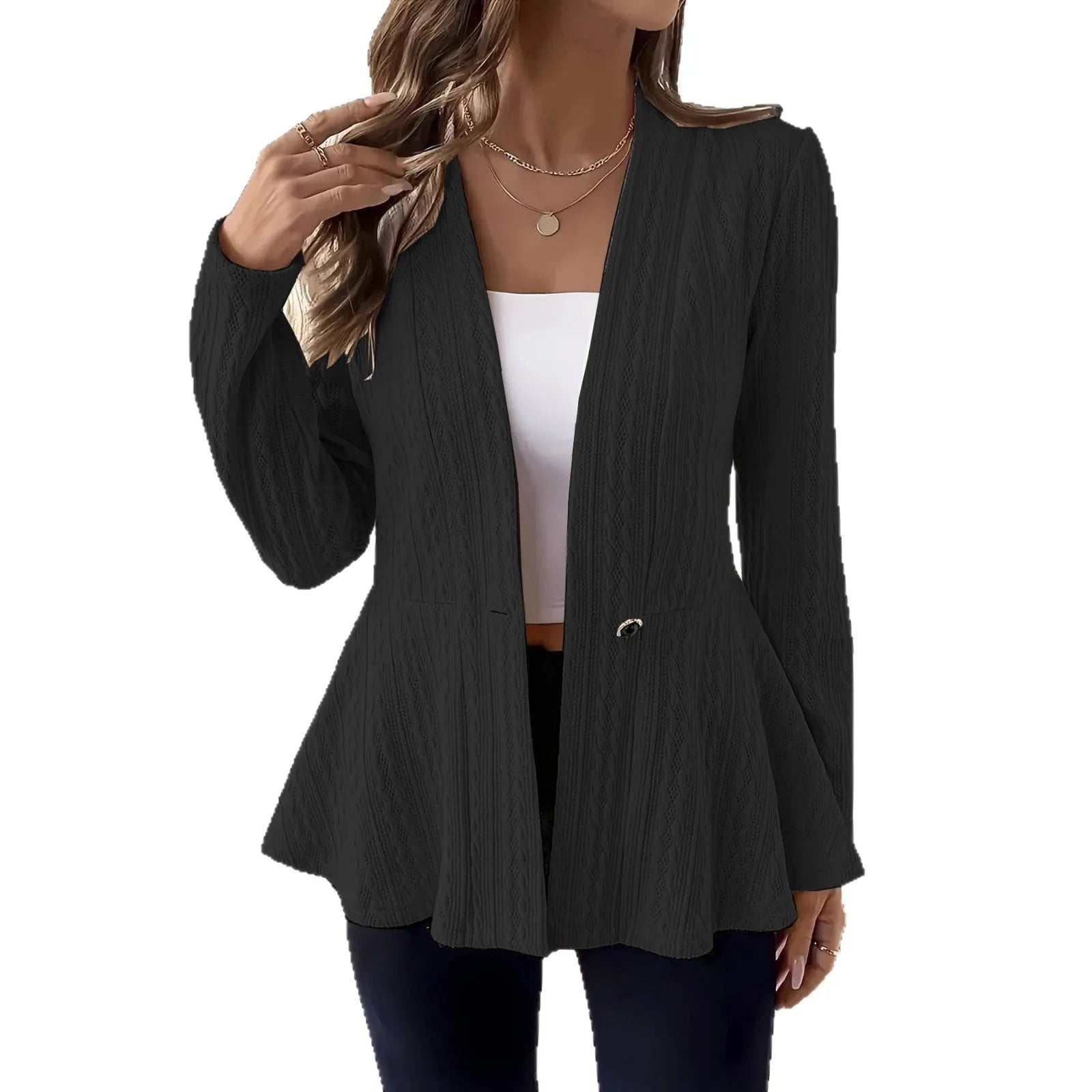 Women's apricot tight fit knitted cardigan with jacquard pattern and a single button.