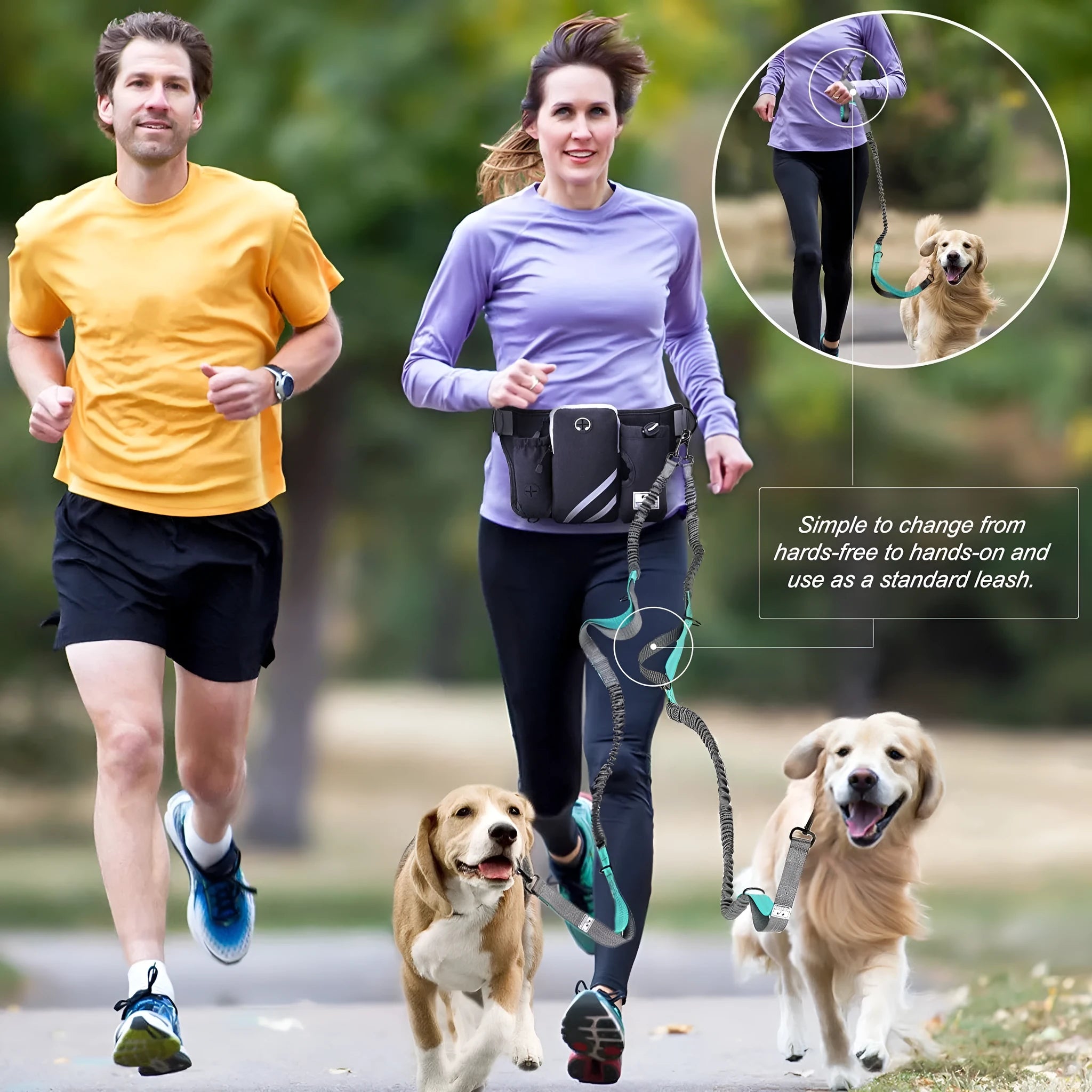 Black nylon outdoor dog walking set with waist bag, leash and collar for waterproof pet training