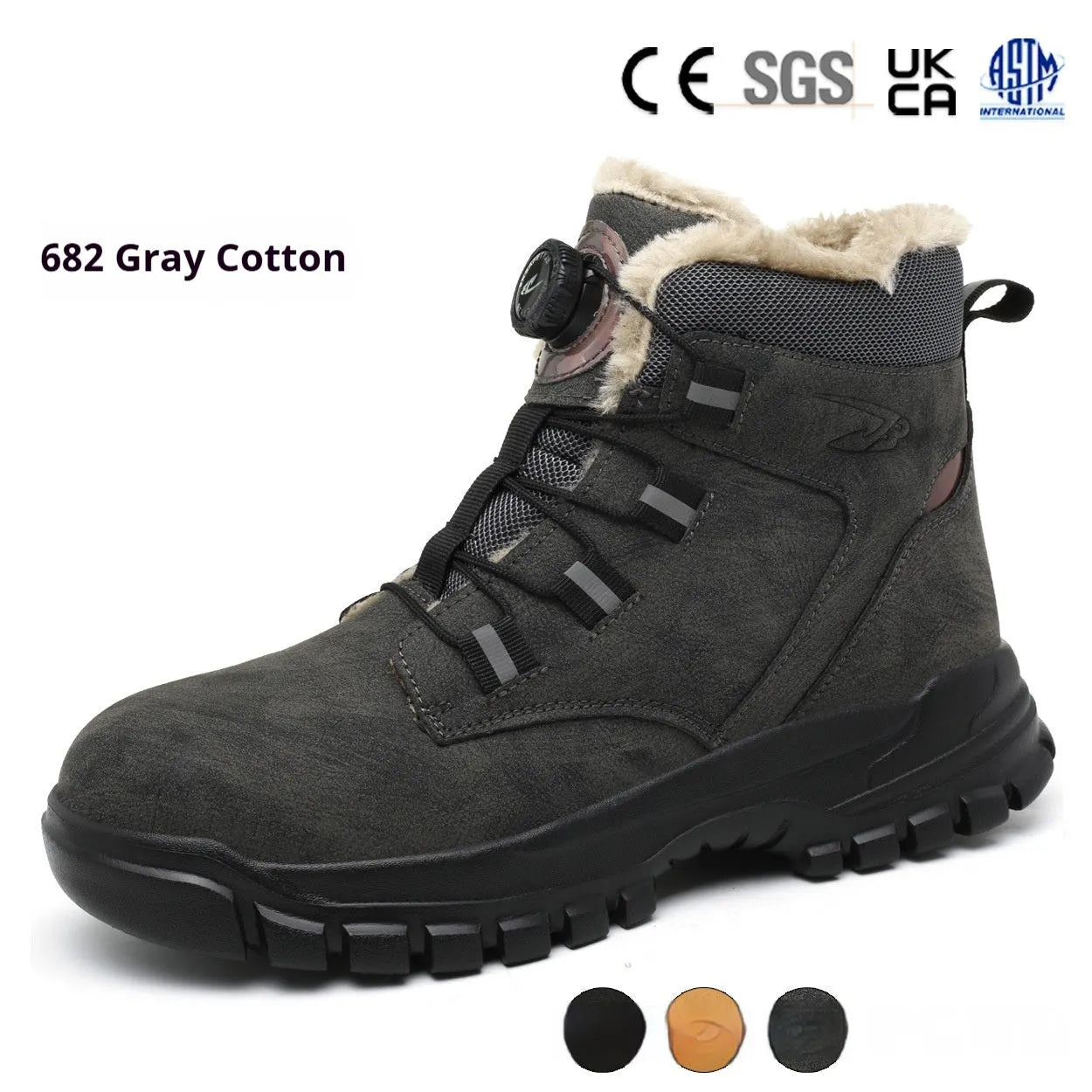 Leather upper labour protection shoes with rubber sole in black, shown on a size chart.