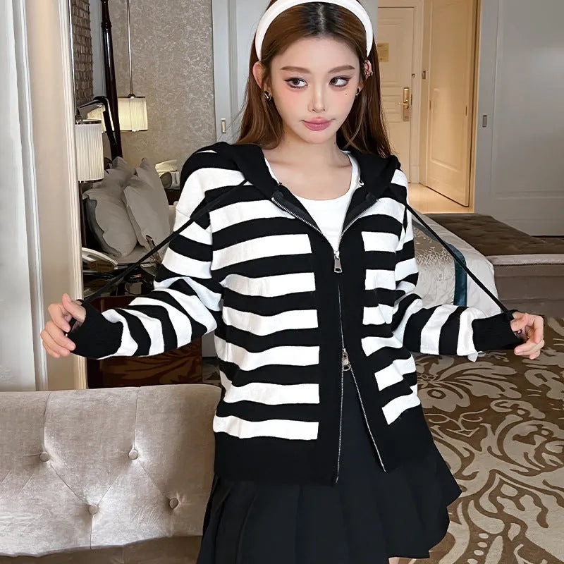 Black striped contrast colour women's hooded zip cardigan, loose knitted cashmere coat, 50cm length, sizes S to XL
