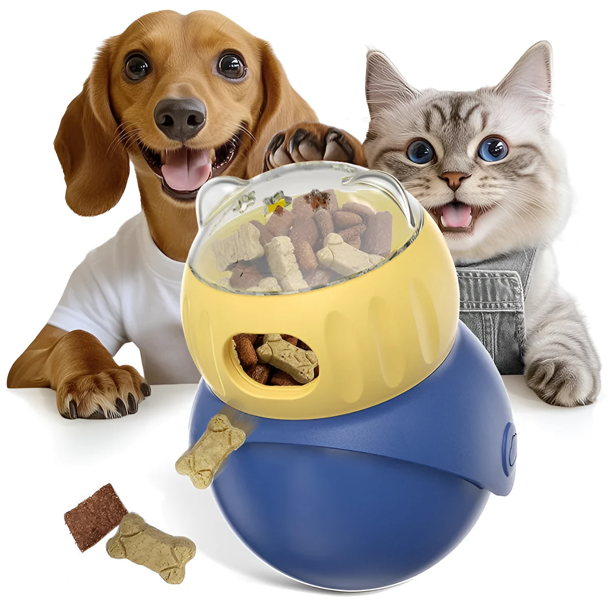 Owl-shaped plastic cat puzzle feeder with tumbler mechanism in Morandi yellow and blue colours