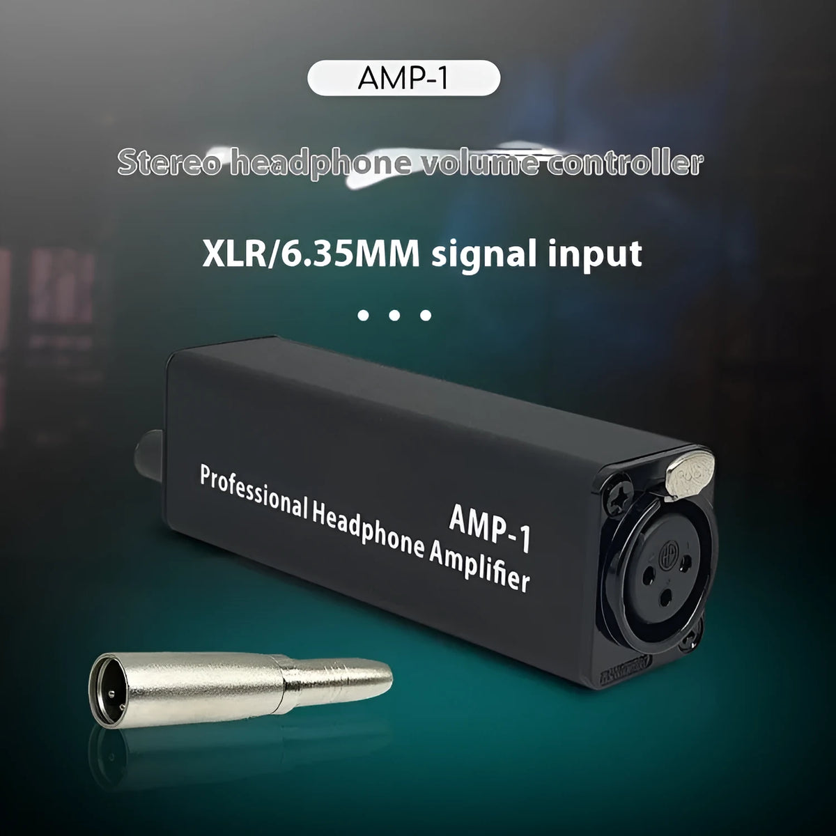 XLR headphone volume adjustment converter, AMP1 model, 9.6 × 2.6 × 3.15 cm, with adapter and manual