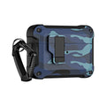 Camouflage multifunction AirPods protective cover in PC and TPU with magnetic attraction, shown in camouflage and carbon fibre patterns.