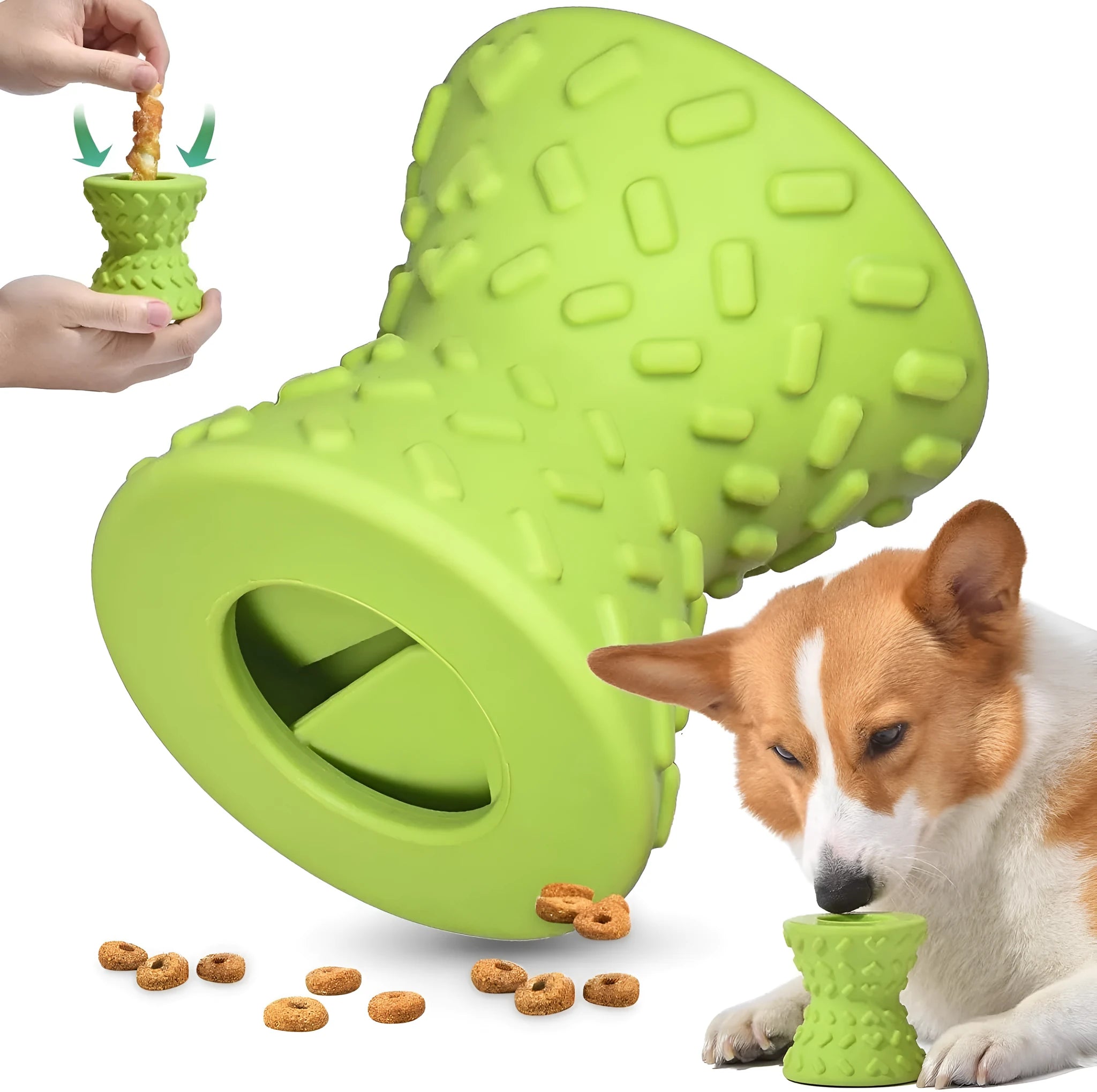 Natural rubber treat dispensing dog toy for aggressive chewers in blue, green and purple