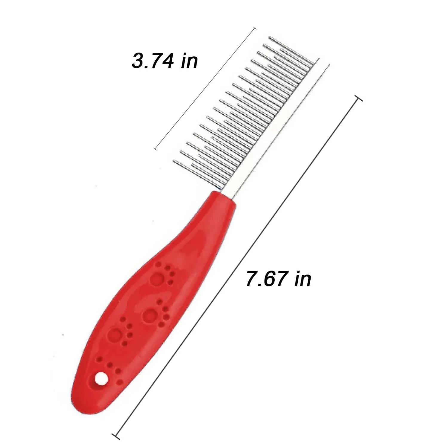 Red pet grooming comb with short and long stainless steel teeth and a plastic handle.
