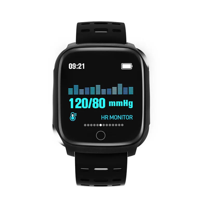 F16 Smart Watch with ECG monitor on a silicone strap, displaying blood pressure and heart rate data on its IPS screen.