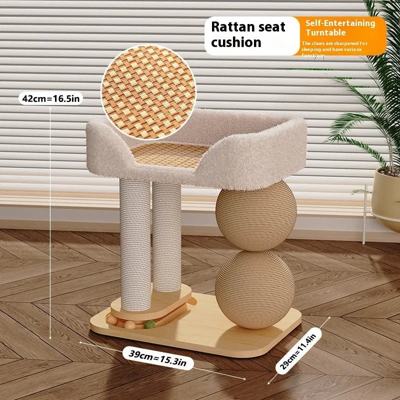 Pine wood cat nest bed with double columns and integrated grasping balls in chamfer, sisal, or summer mat style.