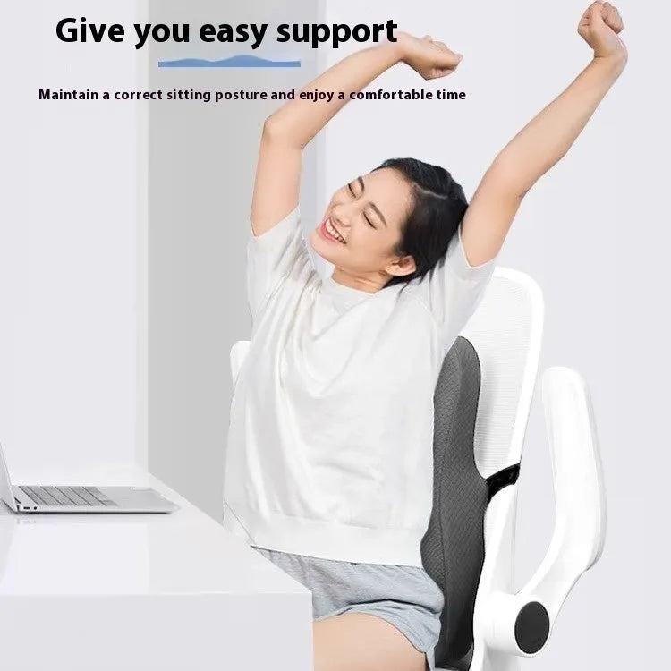 Grey lumbar support cushion for office chair, dimensions 40cm by 40cm by 8cm.
