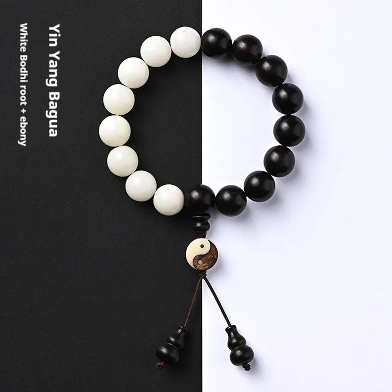 11mm white bodhi bracelet with blackwood eight-diagram beads in retro style