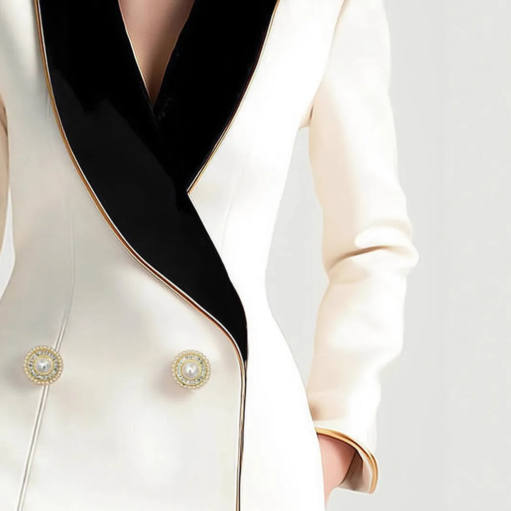 Women's milky white beige coat with pearl buttons and golden edge trim on TR fabric