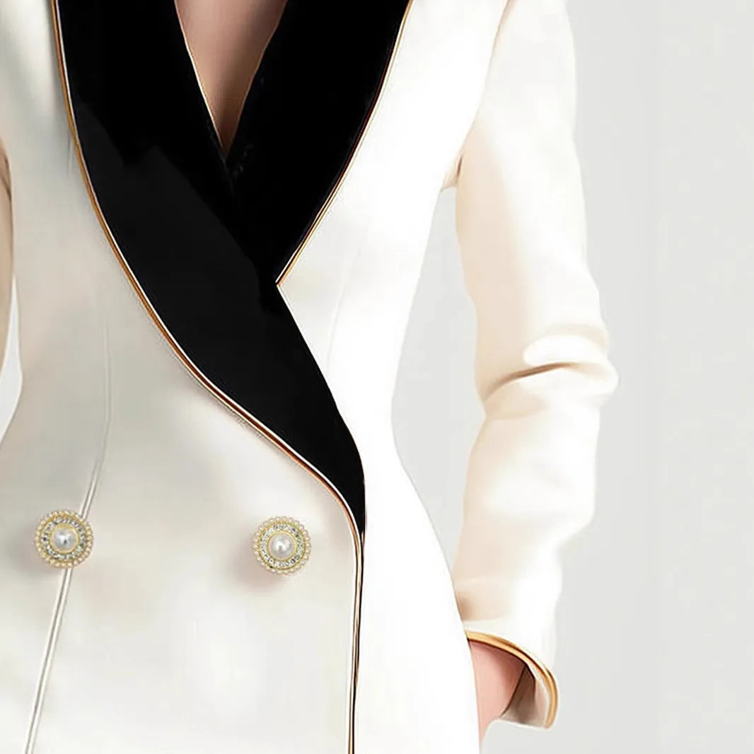 Women's milky white beige coat with pearl buttons and golden edge trim on TR fabric