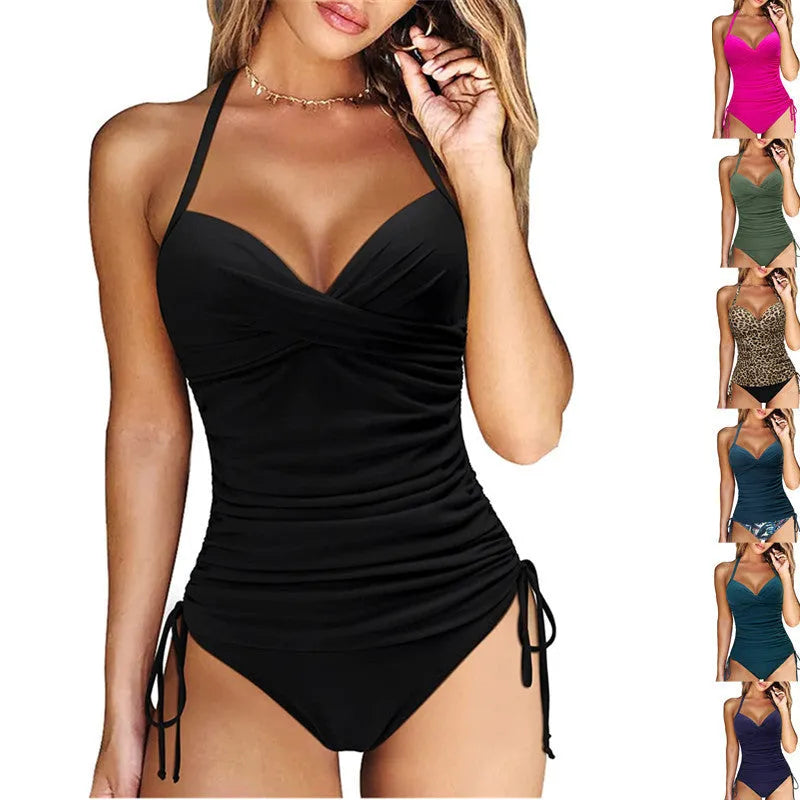 Women's black nylon bikini set with high waist briefs, shown on a mannequin for swimming sports.