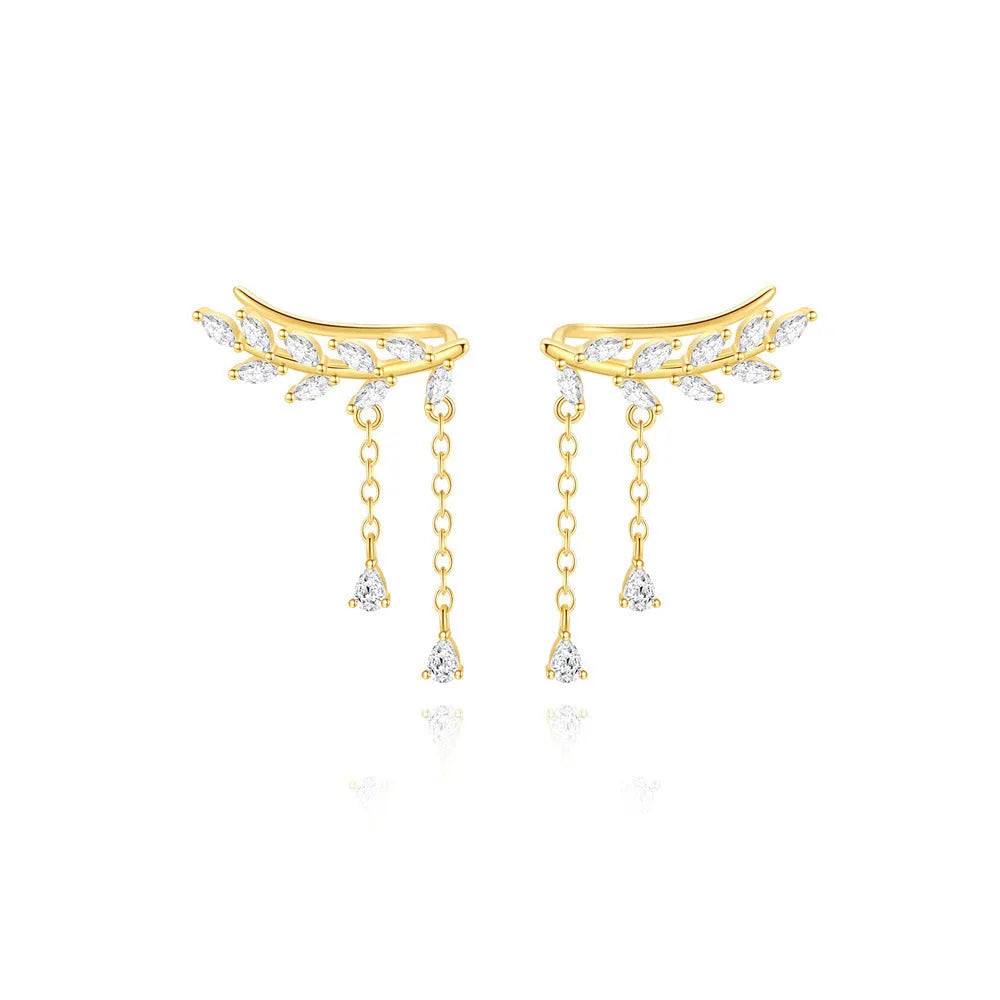 Gold S925 sterling silver tassel horse eye geometric water drop clip earrings for women