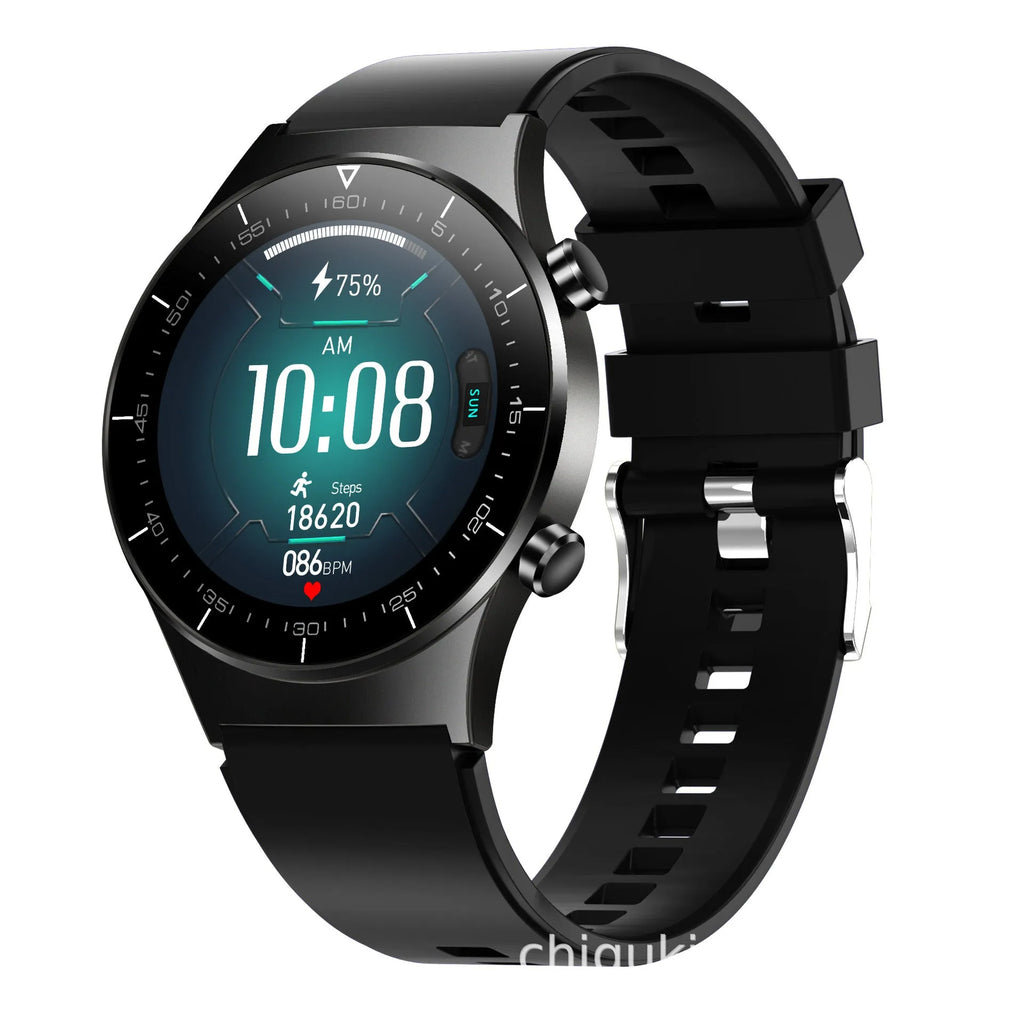 Black TPU smart watch with 1.28 inch glass touchscreen showing heart rate display